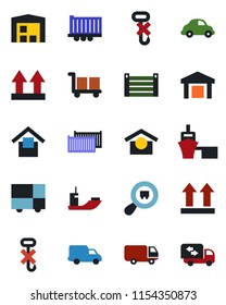 Color and black flat icon set - sea shipping vector, truck trailer, cargo container, car delivery, port, consolidated, warehouse storage, up side sign, no hook, search, moving