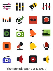 Color and black flat icon set - microphone vector, radio, settings, equalizer, speaker, stop button, rec, tuning, bell, record, music, sound
