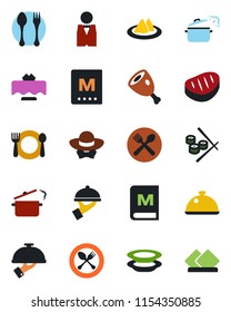 Color and black flat icon set - spoon and fork vector, waiter, dish, restaurant table, serviette, cafe, menu, plates, dress code, steak, ham, steaming pan, sushi