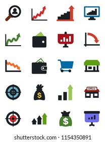 Color and black flat icon set - growth statistic vector, money bag, crisis graph, store, monitor statistics, target, consumer search, arrow up, wallet, cart, presentation