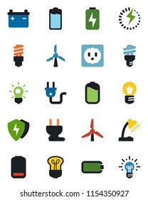 Color and black flat icon set - bulb vector, battery, low, protect, charge, desk lamp, windmill, socket, power plug, energy saving, idea