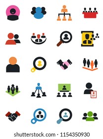 Color and black flat icon set - handshake vector, hierarchy, team, patient, group, user, company, hr, meeting, client search, consumer