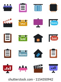 Color and black flat icon set - flight table vector, meeting, clipboard, clapboard, presentation board, sale, rooms, sold signboard, smart home, chip