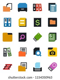 Color and black flat icon set - office binder vector, document search, receipt, folder, photo gallery, paper, tray, archive box, usb flash