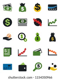 Color and black flat icon set - credit card vector, dollar sign, money bag, crisis graph, cash, receipt, wallet, growth, search, investment