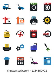 Color and black flat icon set - washer vector, fork loader, gear, ripper, lawn mower, tomography, printer, copier, crane, water filter, combination lock