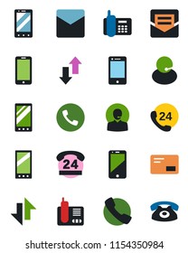 Color and black flat icon set - phone vector, mobile, office, 24 hours, support, cell, radio, mail, call, data exchange