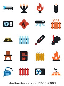 Color and black flat icon set - fire vector, hose, fireplace, thermometer, heater, air conditioner, candle, water, smoke detector, radiator, warm floor