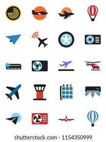 Color and black flat icon set - plane vector, airport tower, radar, departure, helicopter, seat map, air conditioner, fan, paper, balloon