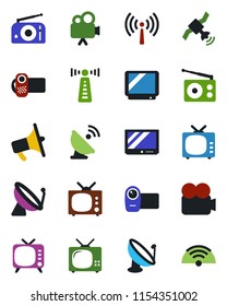 Color and black flat icon set - antenna vector, satellite, radio, loudspeaker, tv, video camera, wireless