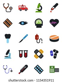Color and black flat icon set - heart pulse vector, stethoscope, blood test vial, dropper, thermometer, microscope, pills, blister, scalpel, patch, tomography, ambulance car, implant, eye, hospital