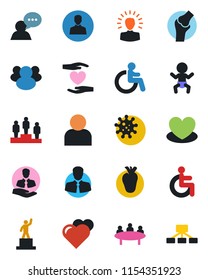 Color and black flat icon set - baby vector, disabled, pedestal, meeting, heart, hand, real, joint, virus, client, speaker, group, user, shining head, hierarchy