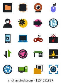 Color and black flat icon set - bomb in case vector, right arrow, mouse, desk, virus, support, folder document, gamepad, network, laptop pc, data exchange, download, chip, web camera, eye scan
