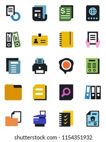 Color and black flat icon set - passport vector, identity, office binder, document search, notepad, reload, stamp, receipt, folder, news, checklist, paper, printer, copier, contract, estate