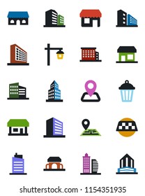 Color and black flat icon set - taxi vector, office building, garden light, navigation, store, city house, cafe, storefront