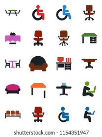 Color and black flat icon set - cafe vector, waiting area, disabled, office chair, desk, picnic table, cushioned furniture, restaurant, man with notebook