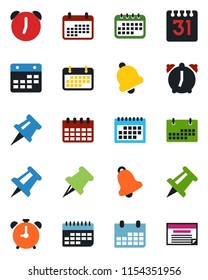 Color and black flat icon set - alarm clock vector, drawing pin, calendar, term, paper, bell, schedule