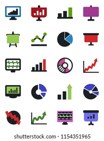 Color and black flat icon set - growth statistic vector, presentation board, crisis graph, circle chart, monitor pulse, statistics, bar, pie, point