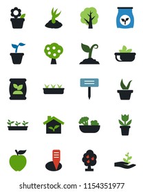 Color and black flat icon set - flower in pot vector, seedling, tree, sproute, plant label, fertilizer, fruit, salad, apple, eco house, palm
