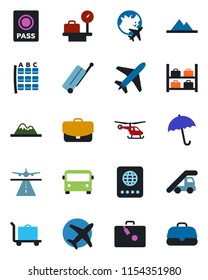 Color and black flat icon set - plane vector, runway, suitcase, baggage trolley, airport bus, umbrella, passport, ladder car, helicopter, seat map, luggage storage, scales, globe, mountains, case