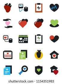 Color and black flat icon set - heart vector, pulse, diagnosis, blood pressure, diagnostic, shield, hand, real, medical calendar, clipboard, sweet home