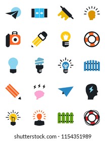 Color and black flat icon set - automatic door vector, brainstorm, bulb, camera, pencil, fence, rolling pin, energy saving, shining head, idea, paper plane, crisis management