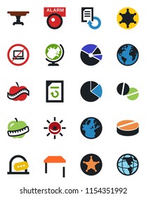 Color and black flat icon set - no laptop vector, ticket office, globe, document reload, pills, diet, earth, pie graph, table, police, alarm led