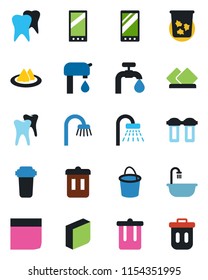 Color and black flat icon set - trash bin vector, shower, bucket, tooth, mobile, blank box, water supply, bathroom, serviette, filter