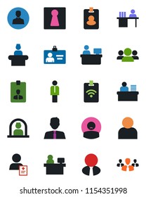 Color and black flat icon set - female vector, reception, manager, identity card, place, patient, user, desk, estate agent, pass, group