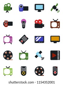 Color and black flat icon set - tv vector, reel, satellite, video camera, remote control, monitor