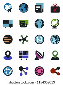 Color and black flat icon set - satellite antenna vector, bomb in case, globe, plane, earth, pin, consolidated cargo, network, share, news, social media