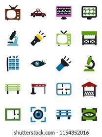 Color and black flat icon set - barrier vector, tv, alarm car, seat map, bench, monitor pulse, microscope, eye, torch, plan, alcove, scan