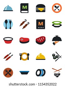 Color and black flat icon set - spoon and fork vector, dish, cafe, menu, plates, waiter, steak, kebab, hamburger, bowl, sushi