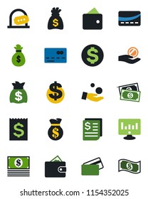 Color and black flat icon set - credit card vector, ticket office, dollar sign, money bag, statistic monitor, cash, receipt, wallet, investment