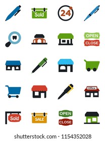 Color and black flat icon set - 24 around vector, shop, pen, store, search cargo, sale, sold signboard, cafe building, open close, cart, storefront