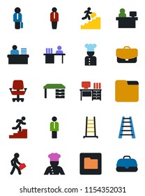 Color and black flat icon set - manager vector, desk, place, ladder, folder, career, cook, office chair, case