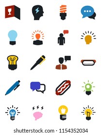 Color and black flat icon set - speaking man vector, pen, brainstorm, bulb, dialog, wine card, hot dog, energy saving, shining head, idea