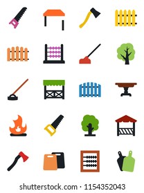 Color and black flat icon set - fence vector, tree, saw, fire, hoe, axe, abacus, table, alcove, cutting board