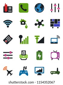 Color and black flat icon set - plane radar vector, wireless notebook, printer, earth, consolidated cargo, tv, gamepad, radio phone, share, call, tuning, cellular signal, charge, monitor statistics