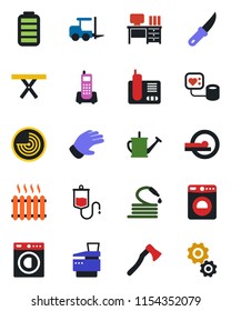 Color and black flat icon set - washer vector, fork loader, radar, desk, watering can, glove, hose, garden knife, axe, picnic table, blood pressure, dropper, tomography, office phone, radio, battery