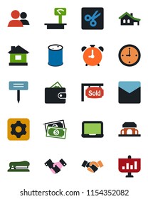 Color and black flat icon set - alarm clock vector, handshake, notebook pc, house, plant label, cash, oil barrel, heavy scales, group, settings, mail, cut, stapler, with garage, sold signboard