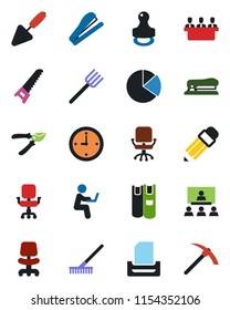 Color and black flat icon set - office chair vector, trowel, farm fork, rake, pruner, saw, clock, pie graph, meeting, paper tray, hierarchy, pencil, stamp, book, stapler, man with notebook