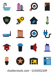 Color and black flat icon set - bird house vector, warehouse, office building, estate search, bathroom, smart home, city, power plug, router, water filter, thermometer, energy saving bulb, sound
