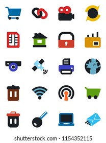Color and black flat icon set - printer vector, house, earth, satellite, laptop pc, chain, sim, wireless, lock, video, update, mail, key, web camera, trash bin, cart