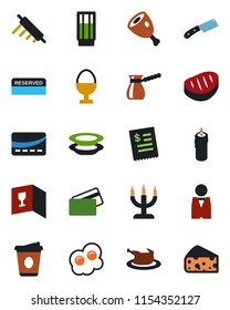 Color and black flat icon set - coffee vector, waiter, wine card, reserved, drink, plates, egg stand, candle, credit, restaurant receipt, chicken, steak, ham, rolling pin, knife, turkish, omelette