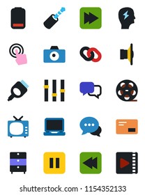 Color and black flat icon set - camera vector, brainstorm, reel, archive chest, speaker, tv, settings, touch screen, dialog, laptop pc, chain, low battery, mail, pause button, fast forward, rewind