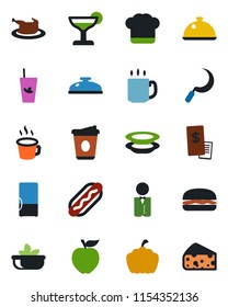 Color and black flat icon set - coffee vector, sickle, pumpkin, fridge, waiter, dish, cook hat, reception, cocktail, phyto bar, salad, plates, restaurant receipt, chicken, hamburger, hot dog, cheese