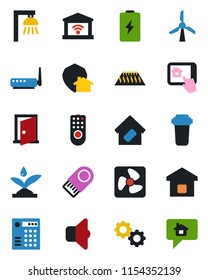 Color and black flat icon set - smart home vector, fan, remote control, irrigation, router, app, gear, water filter, warm floor, outdoor lamp, sound, garage gate, protect, door, combination lock