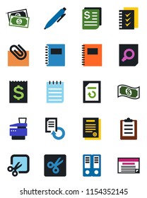 Color and black flat icon set - office binder vector, document search, pen, notepad, reload, cash, receipt, cut, clipboard, copybook, paper clip, checklist, copier, contract, schedule