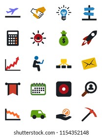 Color and black flat icon set - departure vector, rec button, alarm led, consumer search, rocket, handshake, money bag, pennon, growth graph, crisis, investment, idea, calendar, calculator, car